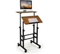 COSTWAY Bureau Assis-Debout à Roulettes Table Imformatique pour Ordinateur Hauteur Réglable Poste de Travail Style Moderne Noyer