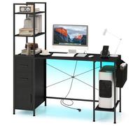 COSTWAY Bureau avec Lumières LED et Multiprise Intégrée, Style Moderne, Étagères de Rangment Ouvertes, 2 Tiroirs, Armoire, Poche en Tissu, Table d'Ecriture pour Bureau à Domicile, Noir