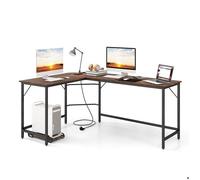 COSTWAY Bureau d’Angle de 168 x 125cm avec Support UC, 2 Prises Électriques et Port USB & Type C, Cadre en Métal Robuste, Marron
