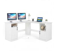 COSTWAY Bureau d’Angle en Forme de L avec Station de Charge Intégrée, 2 Prises, Étagères, Placards de Rangement 150 x 150 x 76 cm