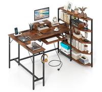 COSTWAY Bureau d’Angle L avec Étagères de Rangement - avec Multiprise et Station de Charge - Support pour Moniteur