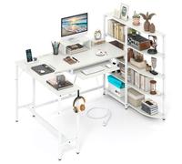 COSTWAY Bureau d’Angle L avec Étagères de Rangement - avec Multiprise et Station de Charge - Support pour Moniteur Blanc