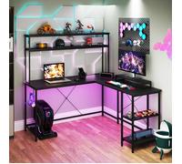COSTWAY Bureau d’Angle Reversible - Lumières RGB - Prises de Courant - Support pour Écran & CPU - Étagères Rangement Noir