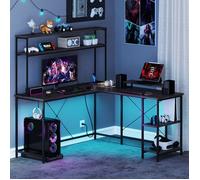COSTWAY Bureau d’Angle Reversible - Lumières RGB - Prises de Courant - Support pour Écran & CPU - Étagères Rangement Gris