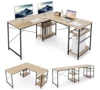 COSTWAY Bureau d'Angle - 151 x 151 x 75 CM - Ajustable à Bureau Droit,4 Etagère de Rangement,Grand Table pour 2 Personnes, Naturel