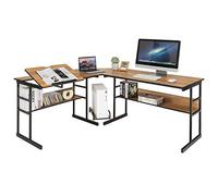 COSTWAY Bureau d'angle 170 x 150 cm, Bureau en L avec Plateau Inclinable, Étagère de Rangement et Support UC, Poste de Travail Ergonomique pour Bureau, Studio, Noyer