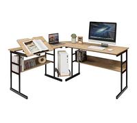 COSTWAY Bureau d'angle 170 x 150 cm, Bureau en L avec Plateau Inclinable, Étagère de Rangement et Support UC, Poste de Travail Ergonomique pour Bureau, Studio, Naturel