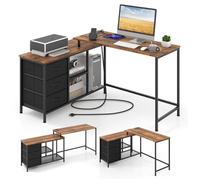 COSTWAY Bureau d'Angle Convertible avec Prise de Courant, 3 Tiroirs en Tissu et Étagères en Maille Métallique, Marron