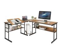 COSTWAY Bureau d'Angle en forme de L Ajustable à 2 Tables Droits, 2 Personnes avec Plateau Inclinable, Support Centrale Brun clair