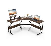 COSTWAY Bureau d'Angle en Forme de ‘L’ avec Prises de Courant pour 2 Personnes, Support d'Écran Amovible, Marron