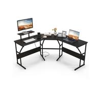COSTWAY Bureau d'Angle en Forme de ‘L’ avec Prises de Courant pour 2 Personnes, Support d'Écran Amovible, Noir