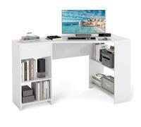 COSTWAY Bureau d'angle en Forme de L, Bureau Informatique 120 cm avec Tiroir et Étagères de Rangement, Style Moderne & Simple, Gain de Place pour Étude, Chambre, Salon, Charge 150 kg, Blanc