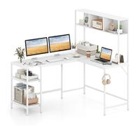 COSTWAY Bureau d'Angle en L avec Étagères de Rangement et Accroche-casque Bibliothèque pour Gamer, Étude 150 x 120 x 148 cm Blanc