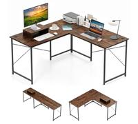 COSTWAY Bureau d'angle en L Réversible avec Support de Moniteur, Poste de Travail Industriel pour 2 Personnes avec 3 Trous de Câble, Assemblage Facile, 150 x 150 x 74 cm (Marron Rustique)
