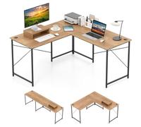 COSTWAY Bureau d'angle en L Réversible avec Support de Moniteur, Poste de Travail Industriel pour 2 Personnes avec 3 Trous de Câble, Assemblage Facile, 150 x 150 x 74 cm (Naturel)