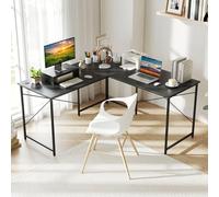 COSTWAY Bureau d'angle en L Réversible avec Support de Moniteur, Poste de Travail Industriel pour 2 Personnes avec 3 Trous de Câble, Assemblage Facile, 150 x 150 x 74 cm (Gris)