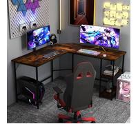 COSTWAY Bureau d'Angle Informatique en Forme L 138 CM, Industriel avec Structure en Acier au Carbone, Étagère à 2 Niveaux, Marron