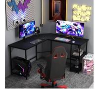 COSTWAY Bureau d'Angle Informatique en Forme L 138 CM, Industriel avec Structure en Acier au Carbone, Étagère à 2 Niveaux, Noir