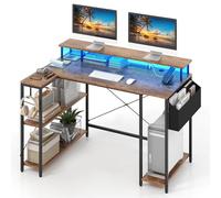 COSTWAY Bureau d'angle Ordinateur 120 cm LED, Bureau Gaming avec Ports USB et Prise de Courant, Table imformatique Etagères de Rangement et Support d’Ecran, pour Jouer, Travailler (Marron Rustique)