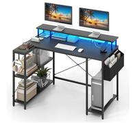 COSTWAY Bureau de Jeu d’Angle 120 cm avec Support d’Écran, Lumières LED et Prises de Courant, Étagères de Rangement, Noir