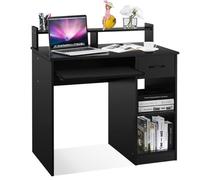 COSTWAY Bureau d'Ordinateur avec Tiroir et 2 Etagères de Rangement Bureau Informatique avec Plateau à Clavier pour Maison Etude
