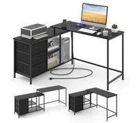 COSTWAY Bureau d'Ordinateur en Forme de L 140 cm, Bureau d'angle Convertible avec Multiprise 2 Prises et 2 USB, 3 Tiroirs en Tissu et Étagères de Rangement, 2 Façons d’Assembler(Noir)