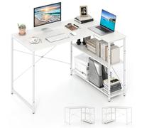 COSTWAY Bureau d'Ordinateur en Forme de L, Bureau d'angle Réversible avec Étagère Réglable, Table d'Étude Gain de Place avec Cadre Métallique Robuste pour Bureau à Domicile (Blanc)