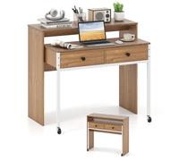 COSTWAY Bureau d'Ordinateur Rétractable - 2 Tiroirs et Roulettes - 100 x 63 x 88 cm - Coiffeuse Compacte pour Salon, Chambre