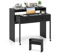 COSTWAY Bureau d'Ordinateur Rétractable - 2 Tiroirs et Roulettes - 100 x 63 x 88 cm - Coiffeuse Compacte pour Salon, Chambre Noir