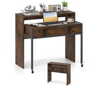 COSTWAY Bureau d'Ordinateur Rétractable - 2 Tiroirs et Roulettes - 100 x 63 x 88 cm - Coiffeuse Compacte pour Salon, Chambre Marron