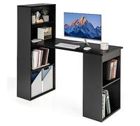 COSTWAY Bureau d'Ordinateur Réversible avec Bibliothèque, Poste de Travail Moderne avec Étagères de Rangement à 6 Niveaux, Assemblage Facile, pour Maison, Bureaux (Noir)
