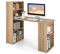 COSTWAY Bureau d'Ordinateur Réversible avec Bibliothèque, Poste de Travail Moderne avec Étagères de Rangement à 6 Niveaux, Assemblage Facile, pour Maison, Bureaux (Naturel)