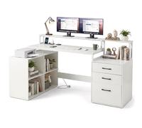 COSTWAY Bureau en L avec Station de Recharge Intégrée, Bureau d'angle avec Tiroir de Classement, Supports pour Imprimante et Support pour Moniteur, Cubes de Rangement, pour Bureau, Chambre