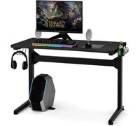 COSTWAY Bureau Gamer Ergonomique, Bureau Informatique avec Porte-Gobelet, Support pour Casque et Tapis de Souris, 115x60x76cm, Noir