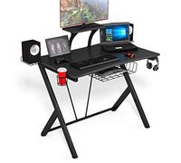 COSTWAY Bureau Gaming,Bureau de Jeu pour Gamer en MDF+Tubes en Acier avec Tablette,Pieds en Y Inversé,1 Porte-gobelet,3 Crochets 106 x 60 x 98CM Noir