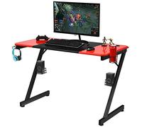 COSTWAY Bureau Gaming Surface en Fibre de Carbone 120 x 60 x 76 cm avec Porte-gobelet, Crochet pour Ecouteurs et Supports Audio Noir et Rouge