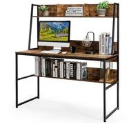 COSTWAY Bureau Industriel avec Bibliothèque de Rangement, 120 x 57 x 140 cm, Marron