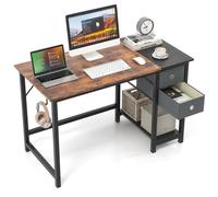 COSTWAY Bureau Informatique de 140 cm, avec 2 Tiroirs, Crochet de Suspension, Étagère de Rangement, Marron