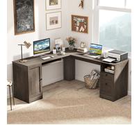 COSTWAY Bureau Informatique en Forme L, Table d’Ordinateur d'Angle avec Tiroirs, Armoire et Plateau pour Clavier, 168x168x76cm