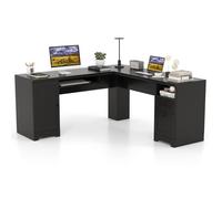 COSTWAY Bureau Informatique en Forme L, Table d’Ordinateur d'Angle avec Tiroirs, Armoire et Plateau pour Clavier, 168x168x76cm, Noir