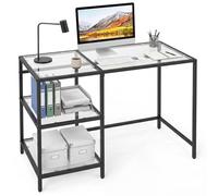 COSTWAY Bureau Informatique en Verre Trempé avec 2 Étagères (Noir) | Table d’Ordinateur Moderne Cadre Métal, Bureau Compact avec avec 2 Étagères, pour Chambre, Étude, Salon