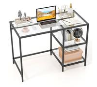 COSTWAY Bureau Informatique en Verre Trempé, Petit Bureau avec Rangement, Table d’Ordinateur Moderne Cadre Métal, Bureau Compact avec avec 2 Étagères, pour Chambre, Étude, Salon (Noir)