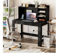 COSTWAY Bureau Moderne avec Étagères de Rangement Prises Électriques et Passe-câbles 108 x 60 x 125 cm, Noir