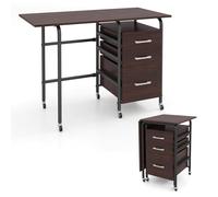 COSTWAY Bureau Pliable avec 3 Tiroirs, Table d'Écriture Roues Verrouillables, Bureau à Domicile Roulant avec Cadre en Métal, Compact pour Dortoir, Appartement (Marron)