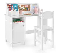 COSTWAY Bureau pour Enfants 3 Ans+ avec Chaise d’Étude, Tableau Blanc, Marqueur, Tableau d’Affichage, Bibliothèque en Bois, Blanc
