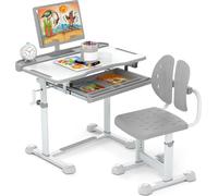 COSTWAY Bureau pour enfants avec chaise, bureau pour enfants avec tiroir & support de livre, plateau de table, bureau pour jeunes pour débutants à partir de 3+, Gris