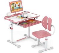 COSTWAY Bureau pour enfants avec chaise, bureau pour enfants avec tiroir & support de livre, plateau de table, bureau pour jeunes pour débutants à partir de 3+, rose