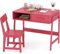 COSTWAY Bureau pour enfants avec chaise, Bureau pour enfants en bois, Bureau pour adolescents avec tiroir et étagère pour enfants à partir de 3 ans,Rose