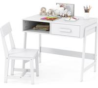 COSTWAY Bureau pour enfants avec chaise, Bureau pour enfants en bois, Bureau pour jeunes avec tiroir et étagère pour enfants à partir de 3 ans, blanc