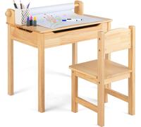 COSTWAY Bureau pour enfants avec chaise, ensemble de tables pour enfants avec plateau rabattable, porte-rouleau de papier (naturel)